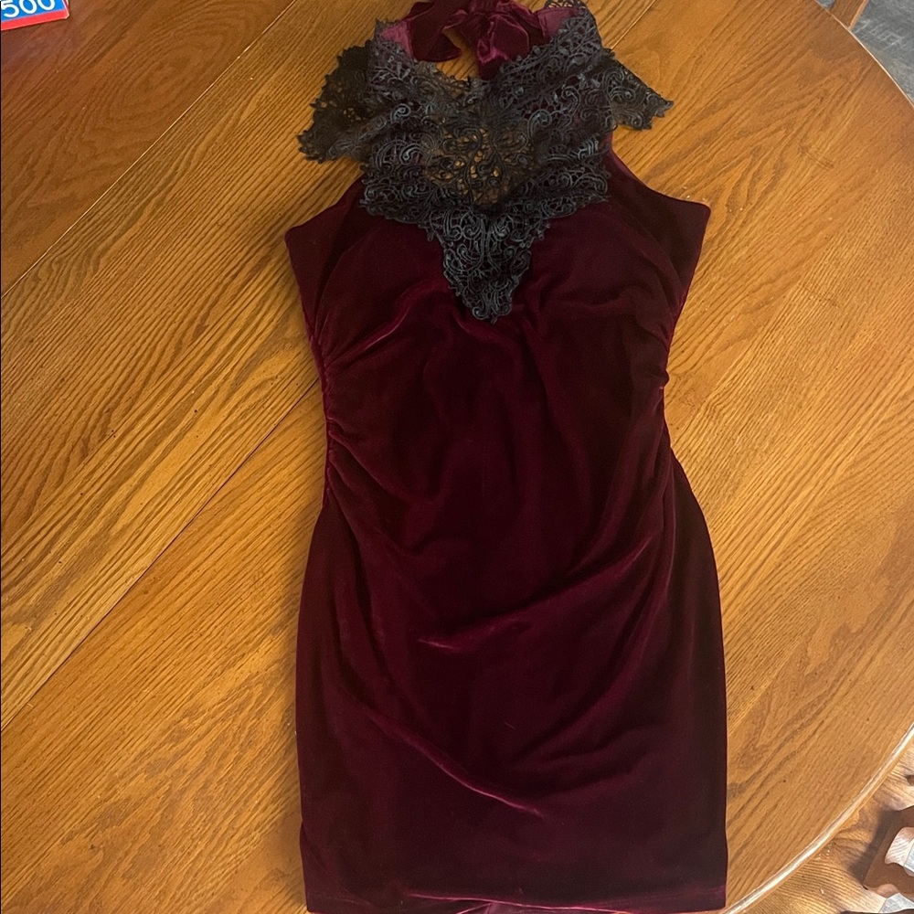Emerald Sundae Burgundy Velvet Mini Dress with Black Lace